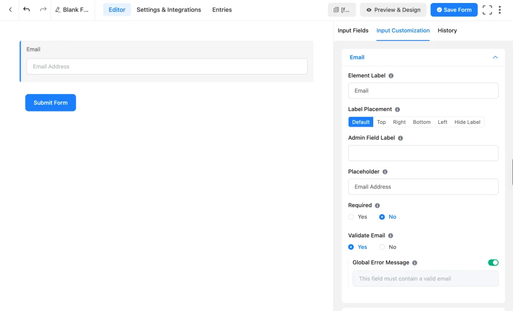 Fluent Forms Email field settings panel showing the Validate Email option and Global Error Message