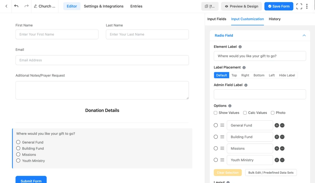Radio field set up in Fluent Forms so donors can choose which fund to give to