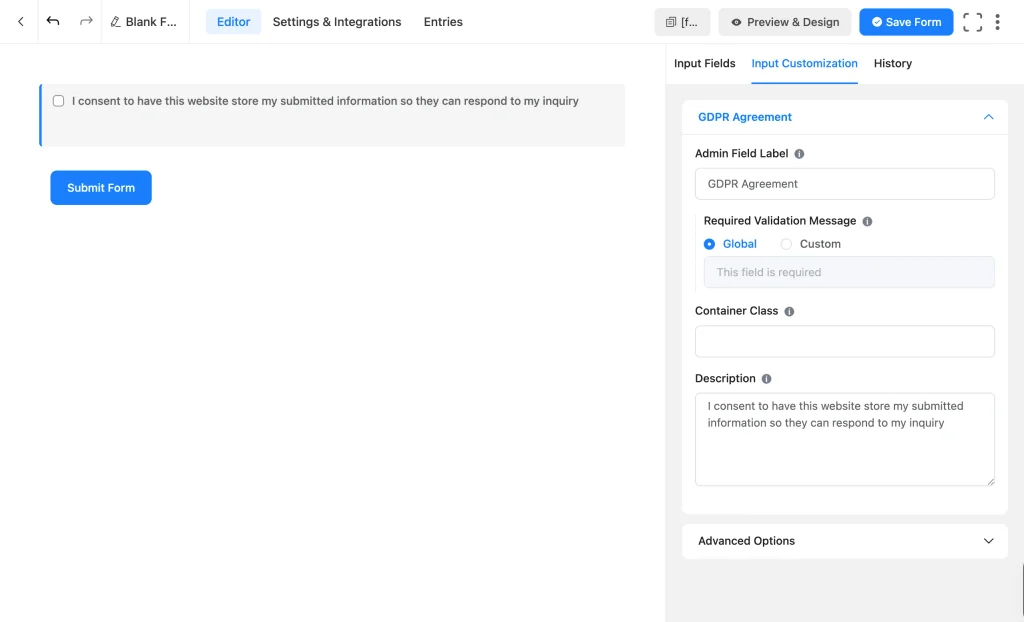 Fluent Forms GDPR Agreement field settings panel with the consent Description and Required Validation Message