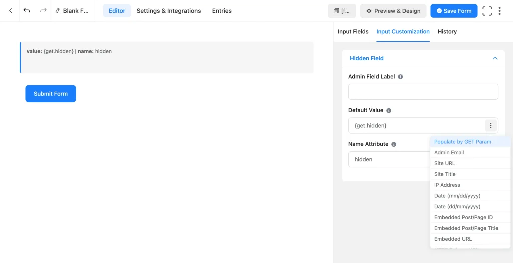 Fluent Forms Hidden field settings showing the Default Value three-dot menu with Populate by GET Param selected