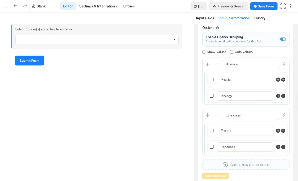 Fluent Forms Multiple Choice field with Option Grouping enabled, showing Science and Language option groups for a course selection field