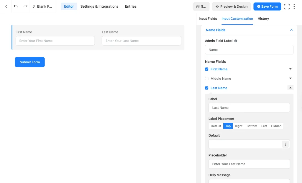 Fluent Forms Name field settings panel with First Name and Last Name subfields, showing the Last Name subfield's Label and Placeholder options