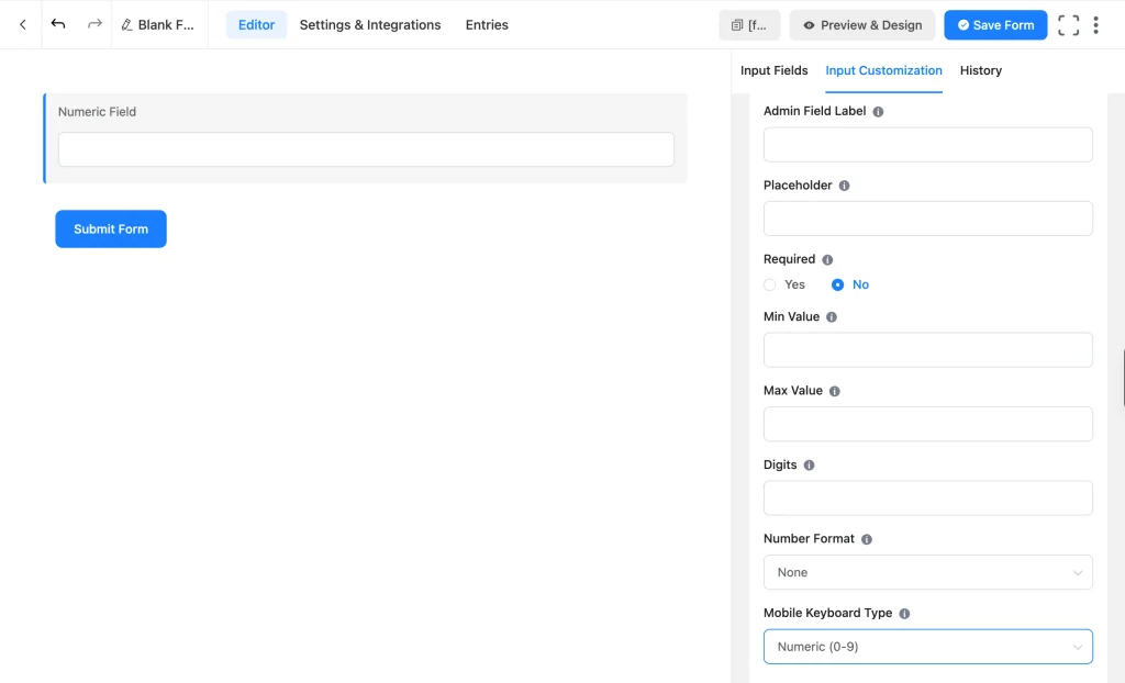 Fluent Forms Numeric Field settings panel showing Min Value, Max Value, Digits, Number Format, and Mobile Keyboard Type