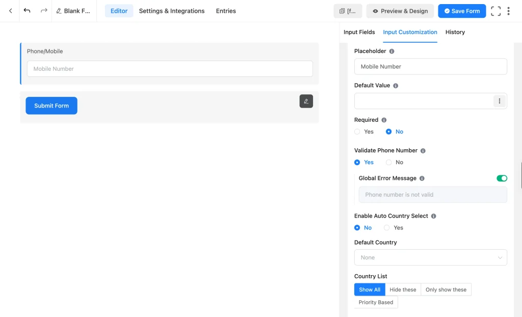 Fluent Forms Phone/Mobile field settings panel showing Validate Phone Number, Enable Auto Country Select, and Country List options