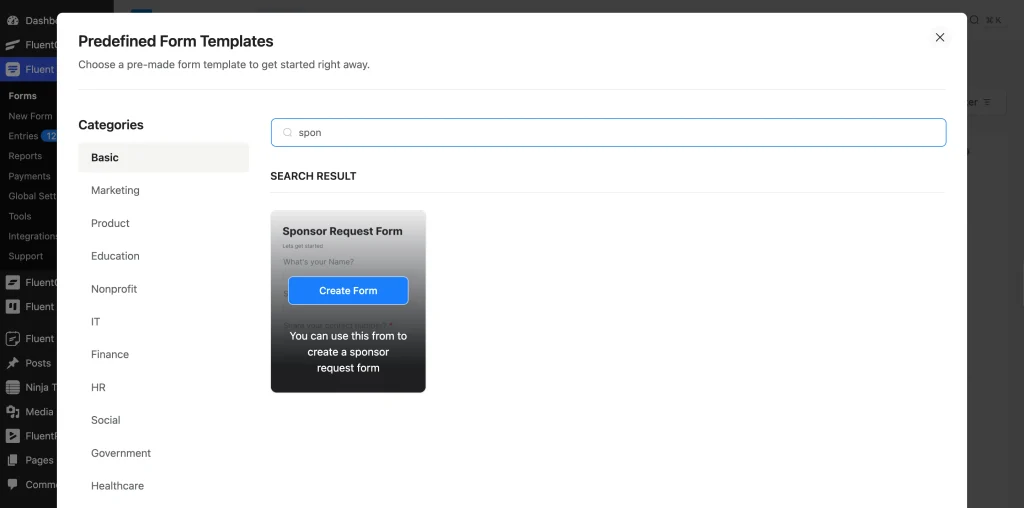 Sponsor Request Form template in the Fluent Forms template library