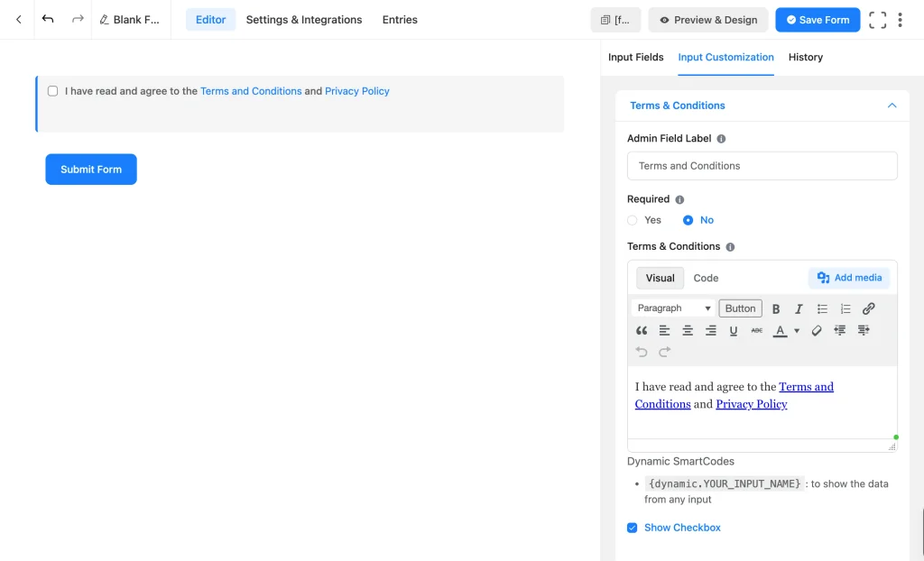 Fluent Forms Terms & Conditions field settings panel with the agreement text editor and Show Checkbox option
