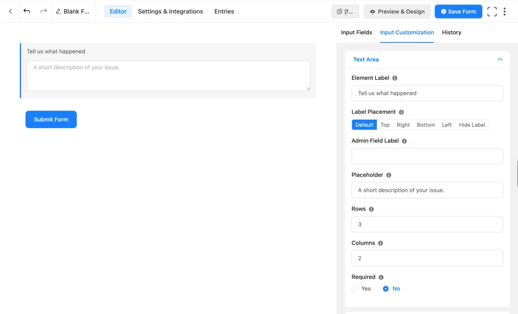 Fluent Forms Text Area field settings panel showing Rows and Columns options