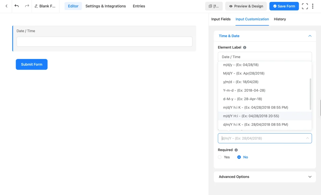 Fluent Forms Time & Date field settings panel with the date format dropdown open