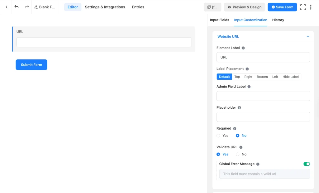 Fluent Forms Website URL field settings panel showing the Validate URL option and Global Error Message