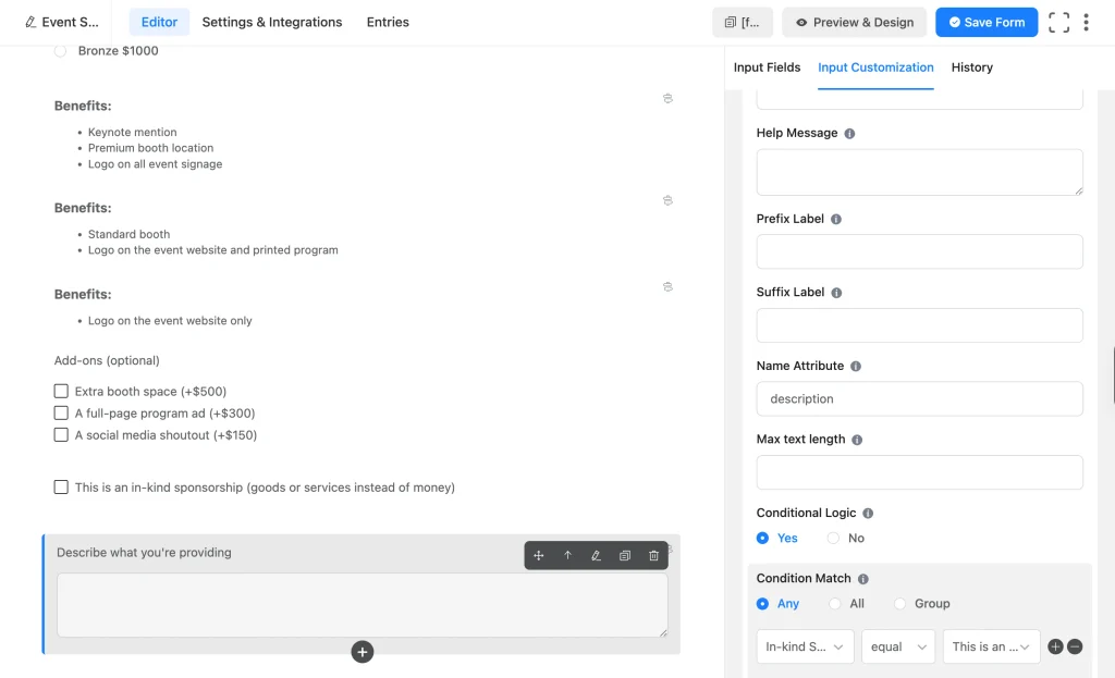 In-kind sponsorship checkbox field with Conditional Logic revealing a description text area