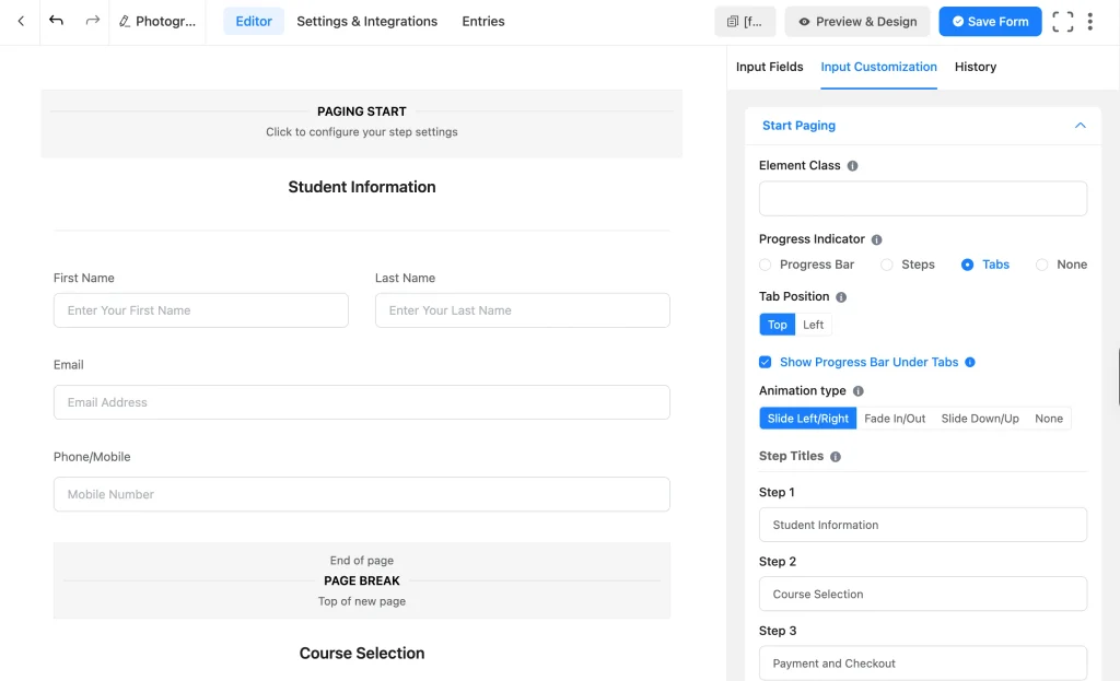 Fluent Forms multi-step paging settings with Student Information, Course Selection, and Payment and Checkout steps
