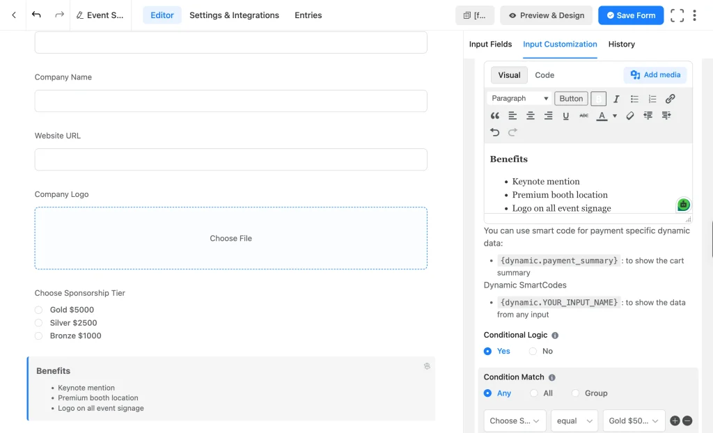 Custom HTML field showing tier benefits for event sponsorship form with Conditional Logic tied to the Gold tier