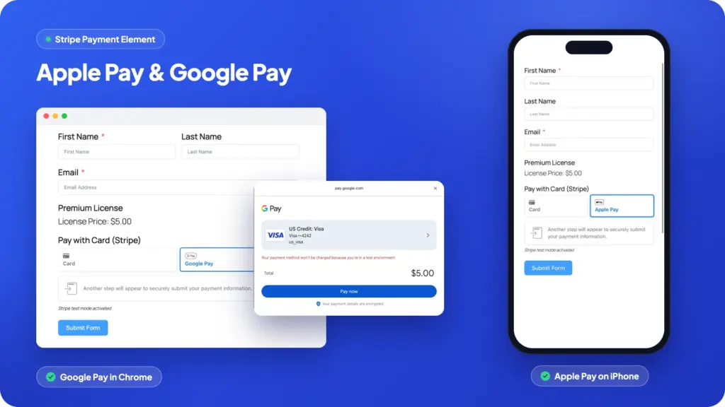 A Fluent Forms payment form showing Google Pay in Chrome and Apple Pay on an iPhone