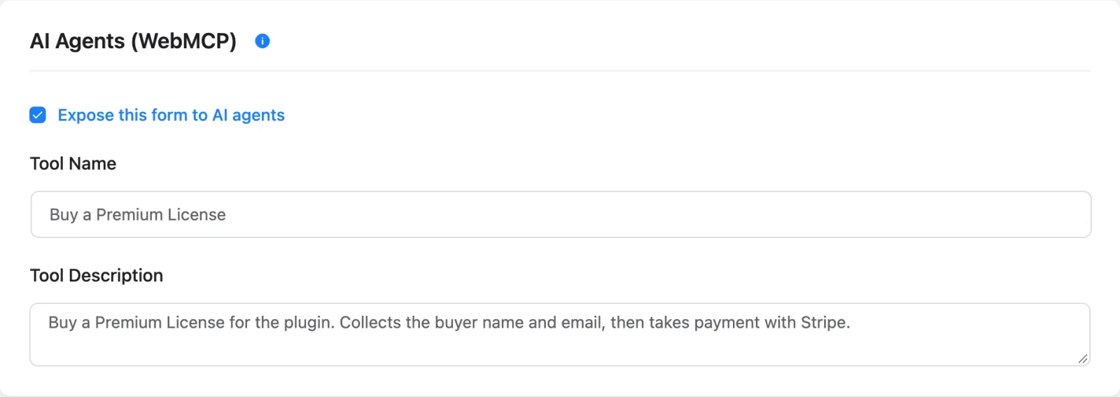 The AI Agents (WebMCP) card in form settings with a tool name and description