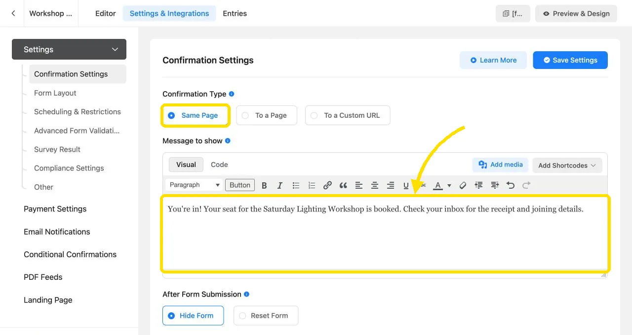 Fluent Forms confirmation settings with a same-page message for workshop buyers