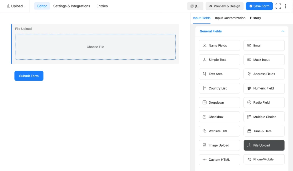 Adding the File Upload field from General Fields in the Fluent Forms editor