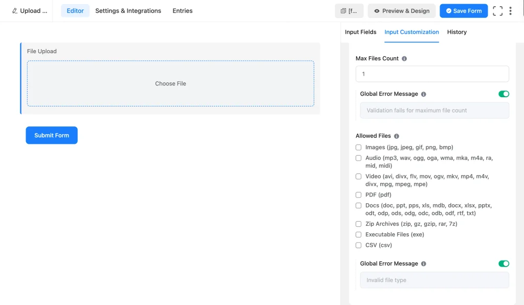 Max files count and allowed file types for the Fluent Forms File Upload field