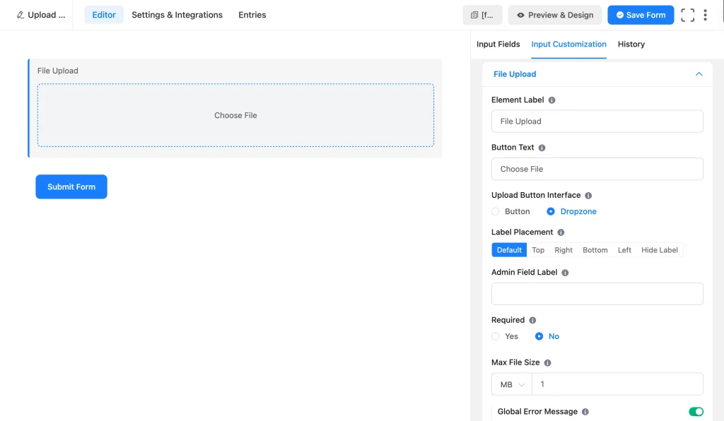 File Upload field settings in Fluent Forms with Dropzone interface, label placement, and max file size