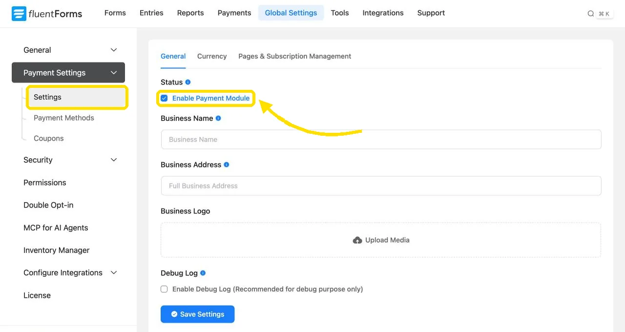 Fluent Forms global payment settings with Enable Payment Module checked