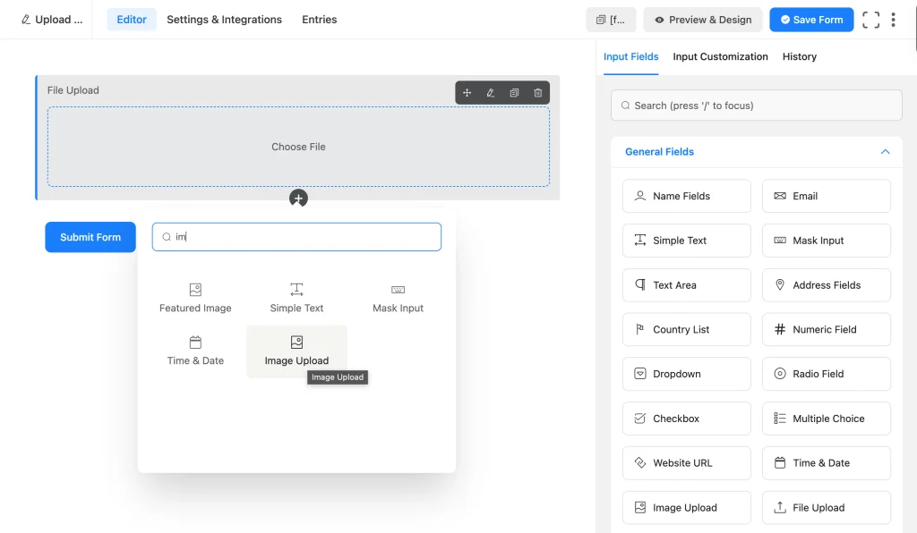 Adding an Image Upload field using the quick field search in Fluent Forms