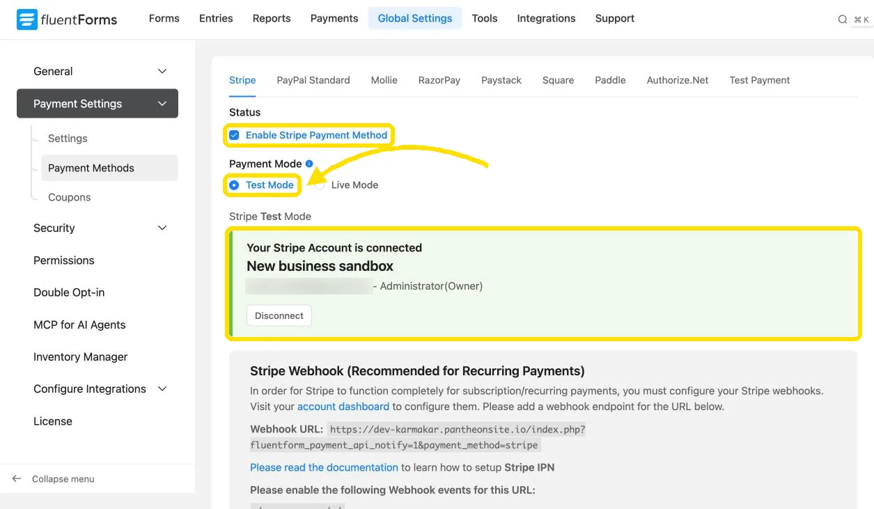 Fluent Forms Stripe settings with Test Mode selected and a connected Stripe account