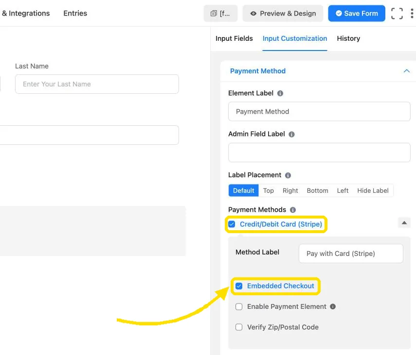 Fluent Forms Payment Method field settings with Stripe and Embedded Checkout enabled