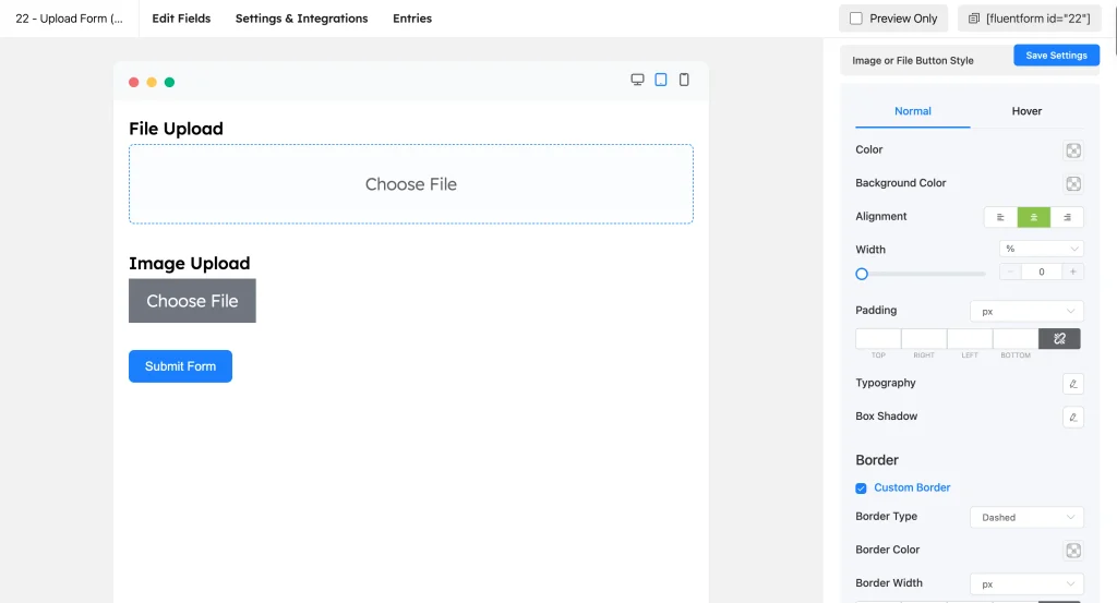 Styling the upload button and dropzone in Fluent Forms Image or File Button Style settings