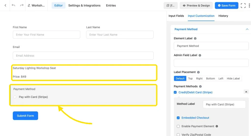 Fluent Forms editor with name, email, a $49 workshop seat item and a Stripe payment method
