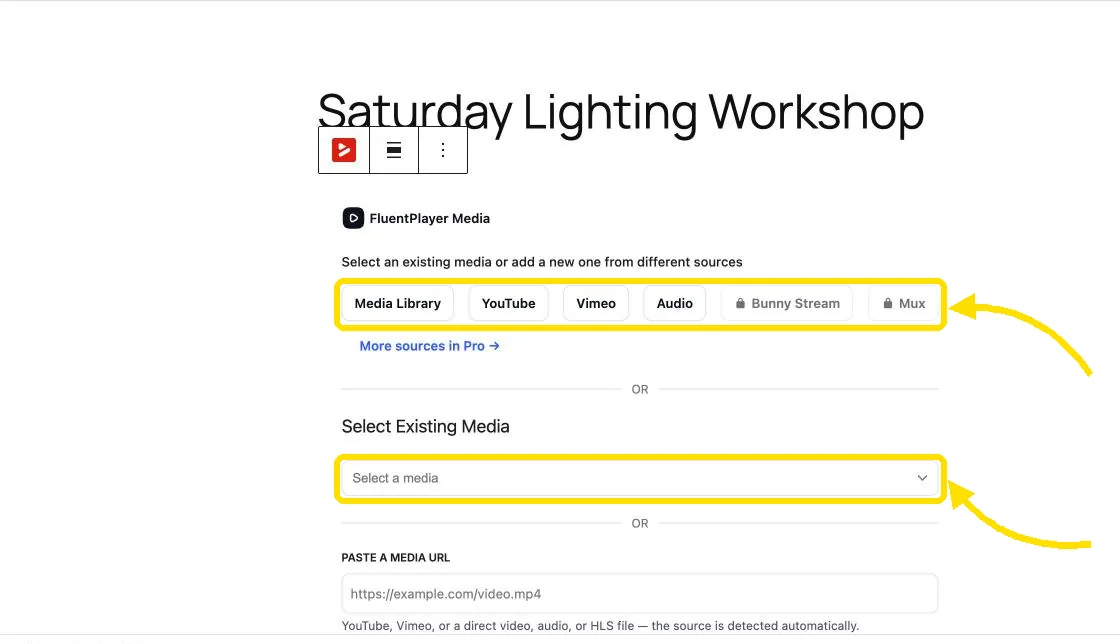 FluentPlayer block in the WordPress editor showing video source options and existing media