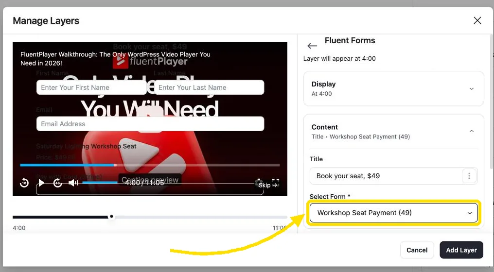 FluentPlayer layer settings with the Workshop Seat Payment form selected