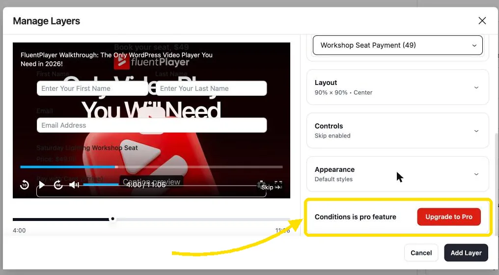 FluentPlayer layer settings showing Conditions as a Pro feature