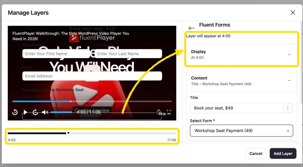 FluentPlayer layer Display settings set to appear at 4:00 on the video timeline