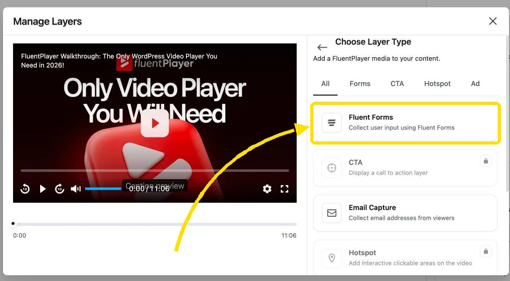 FluentPlayer Choose Layer Type panel with the Fluent Forms layer selected